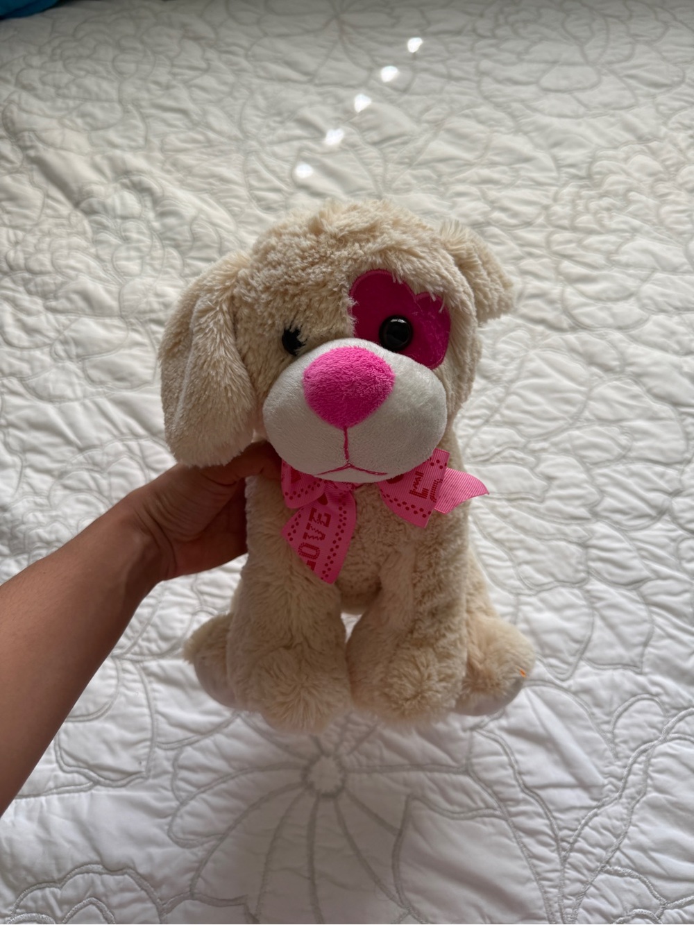 Plush Cream Dog Toy with Pink Heart Patch and Ribbon